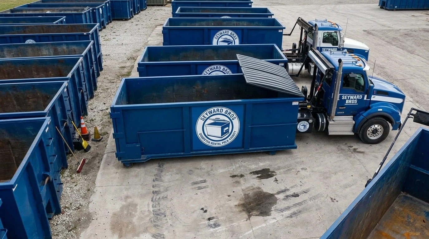 Seyward Bros Dumpster Rental Polk County dumpster and delivery trucks staged at our Lakeland, FL yard, ready for delivery Seyward Bros Dumpster Rental Polk County dumpster and delivery trucks staged at our Lakeland, FL yard, ready for delivery