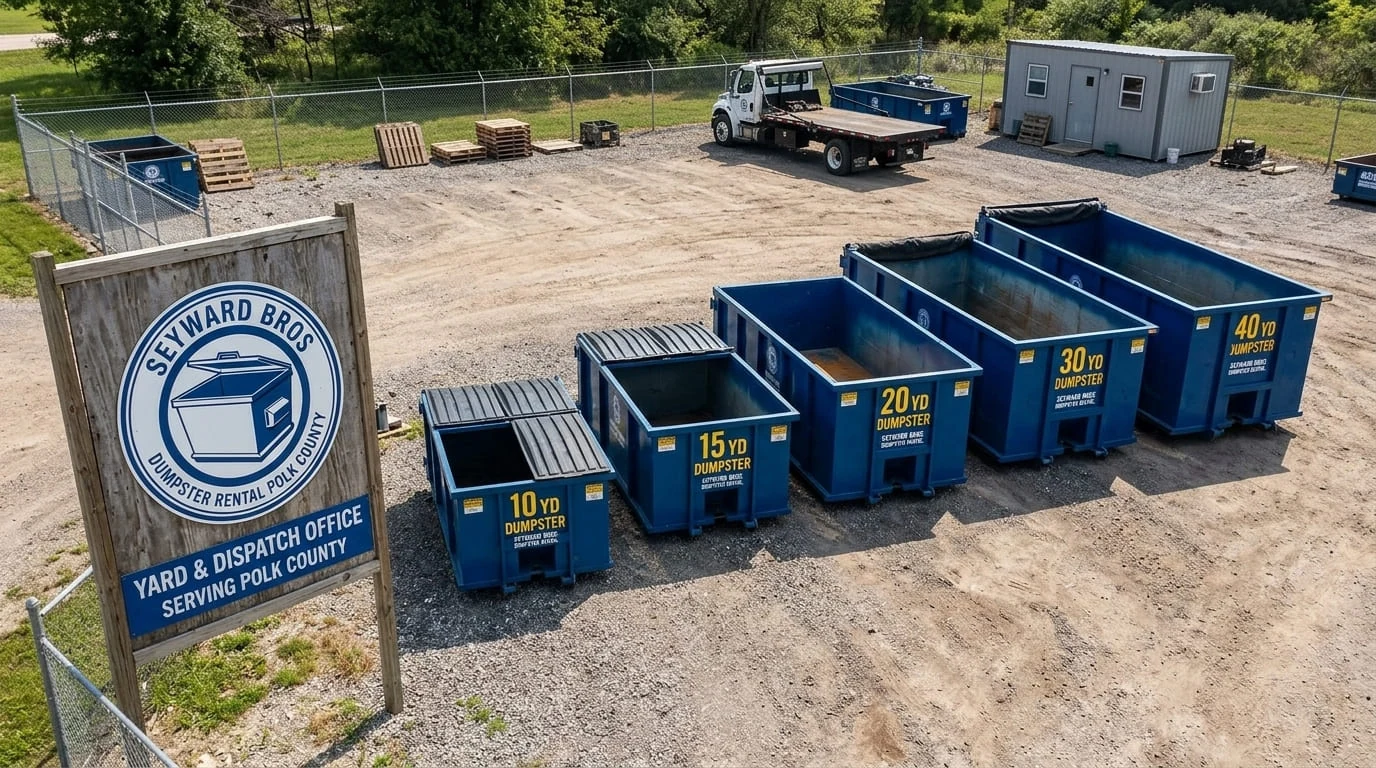 Seyward Bros Dumpster Rental Polk County yard sign showing all 5 dumpster sizes at our 515 Mabel Ave yard in Lakeland, FL