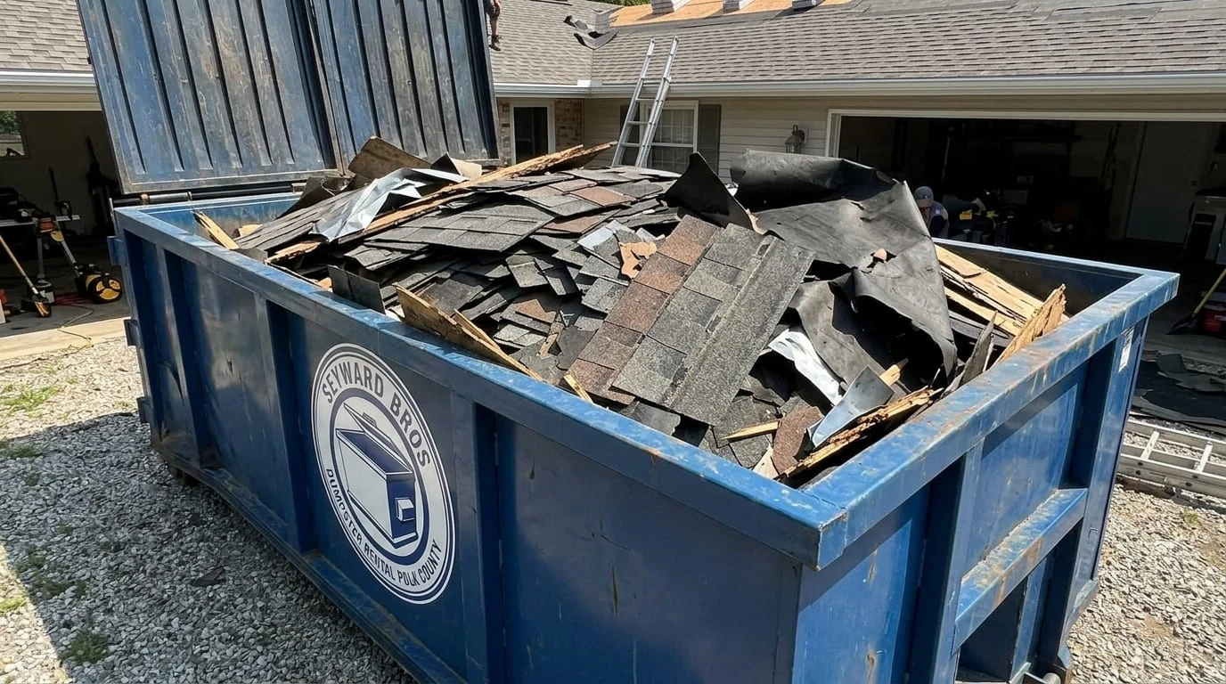 Dumpster loaded with roofing debris for proper disposal in Lakeland, FL