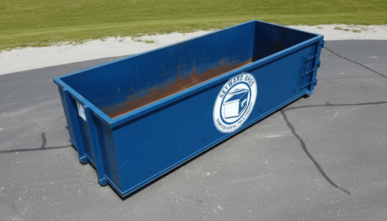 Licensed and insured dumpster rental Licensed and insured Seyward Bros Dumpster Rental Polk County roll-off container staged in Lakeland, FL
